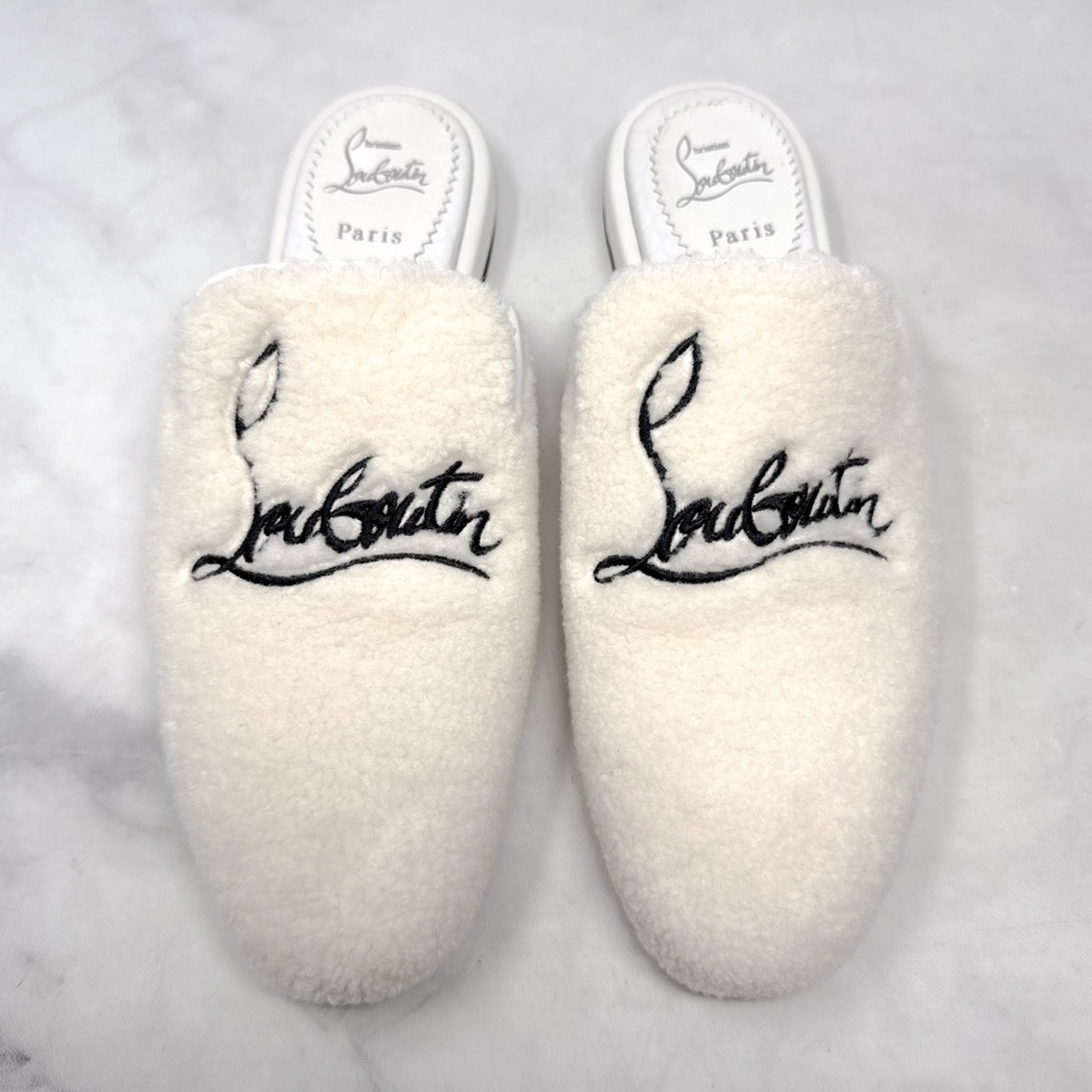 Christian Louboutin Coolito Donna Embroidered Logo Sherpa Wool Flat Slide Mules